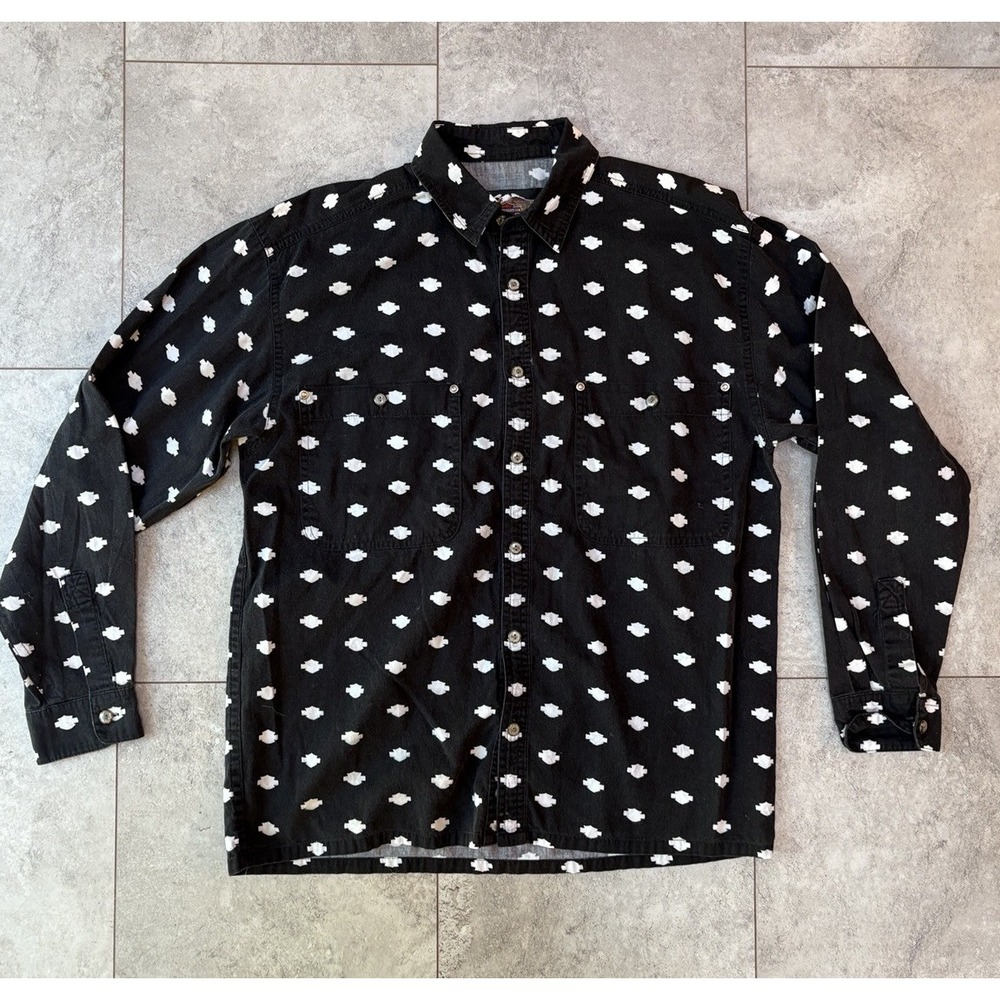 Vintage 90s Harley Davidson AOP Button Up Shirt S Motorcycle Biker Black Retro - Picture 1 of 5